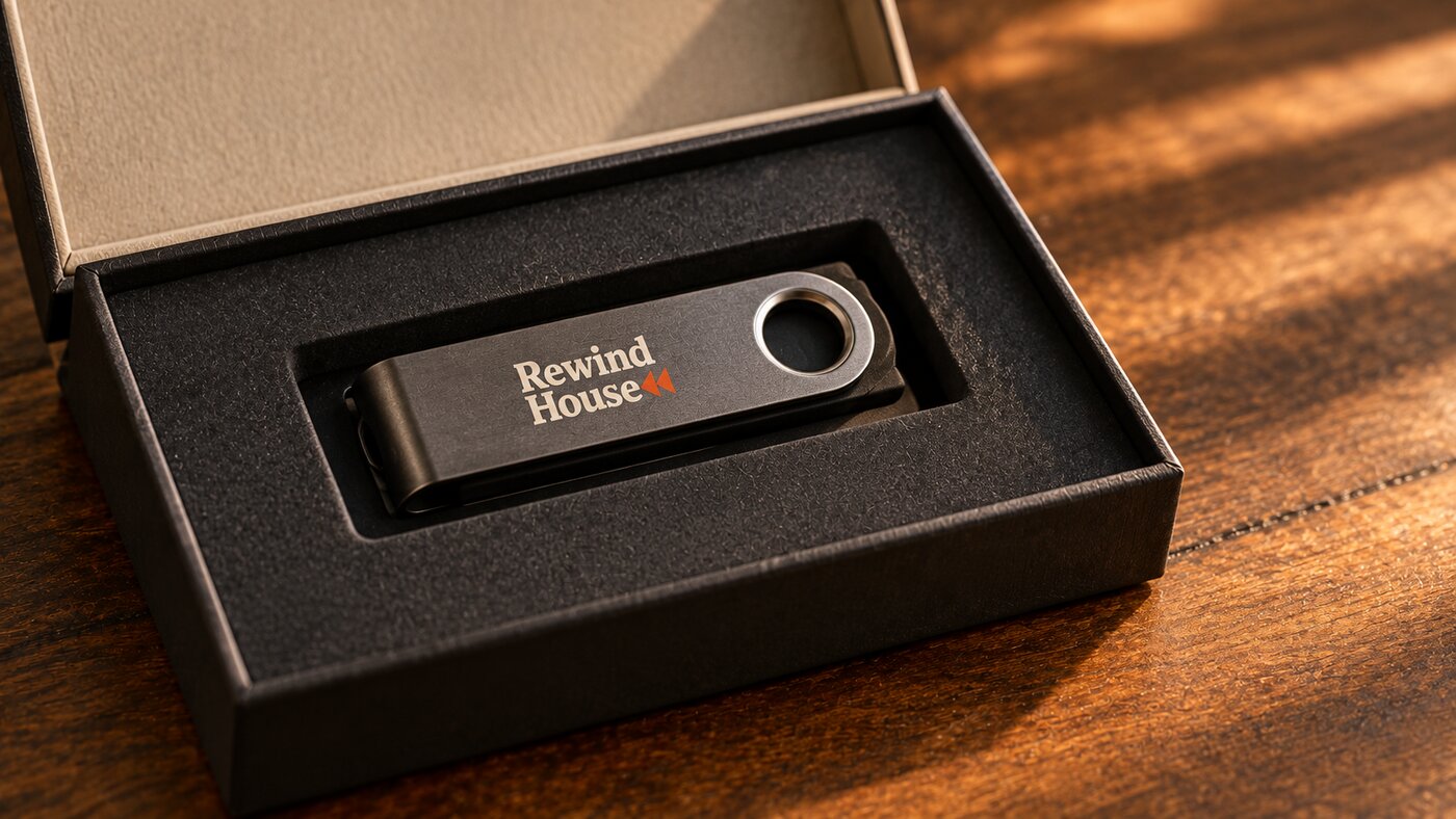 Close-up of a Rewind House drive resting in its case
